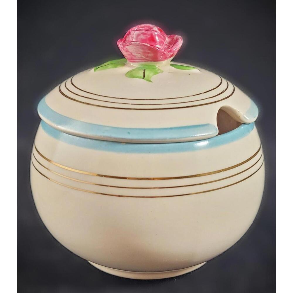 English Fondeville Ambassador Ware '30s French Blue Rosette Condiment/Sugar Bowl